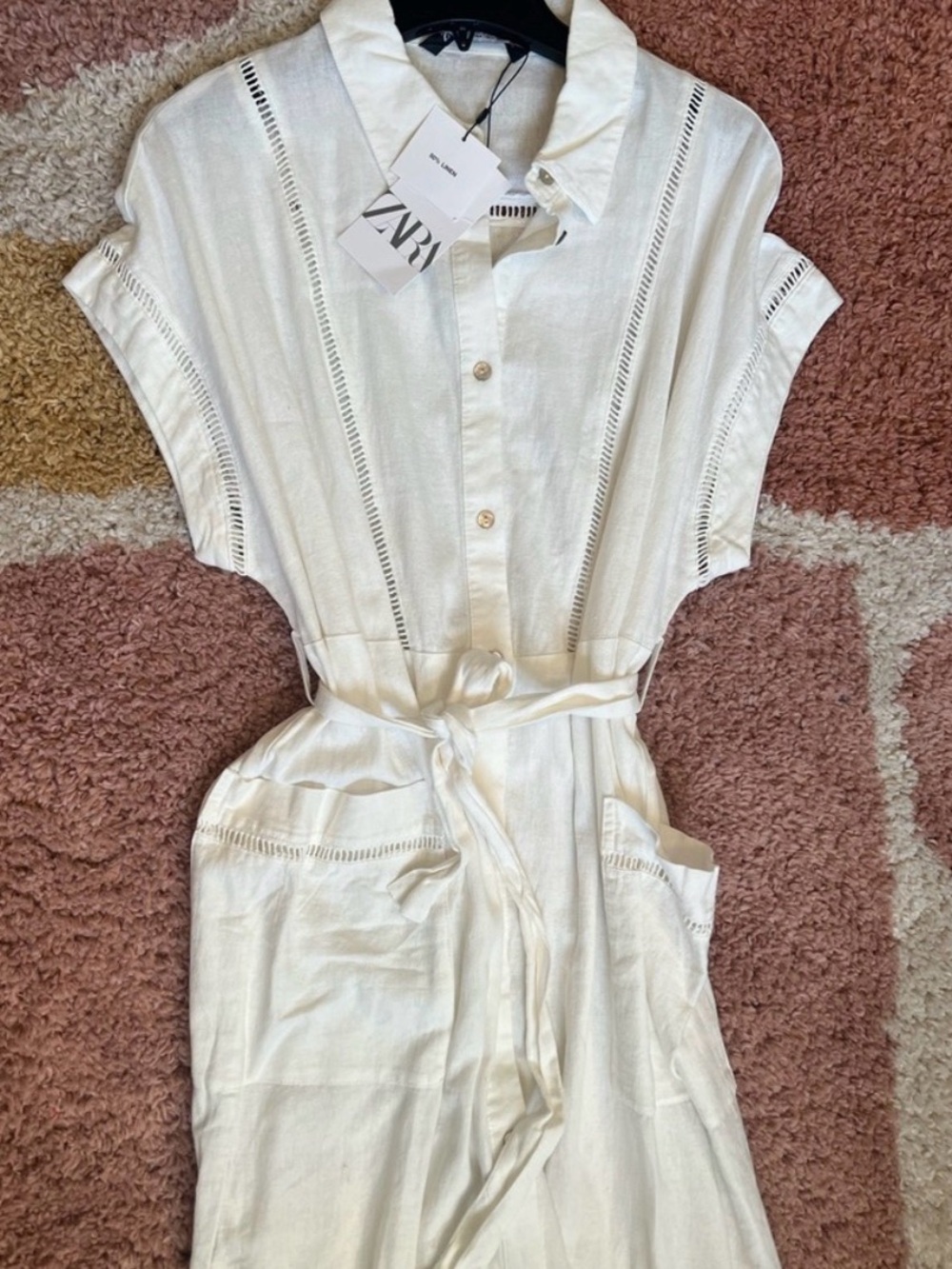 ZARA Linen Blend Lace Insert Belted Button Down Cream Midi Dress Size S - Picture 8 of 10